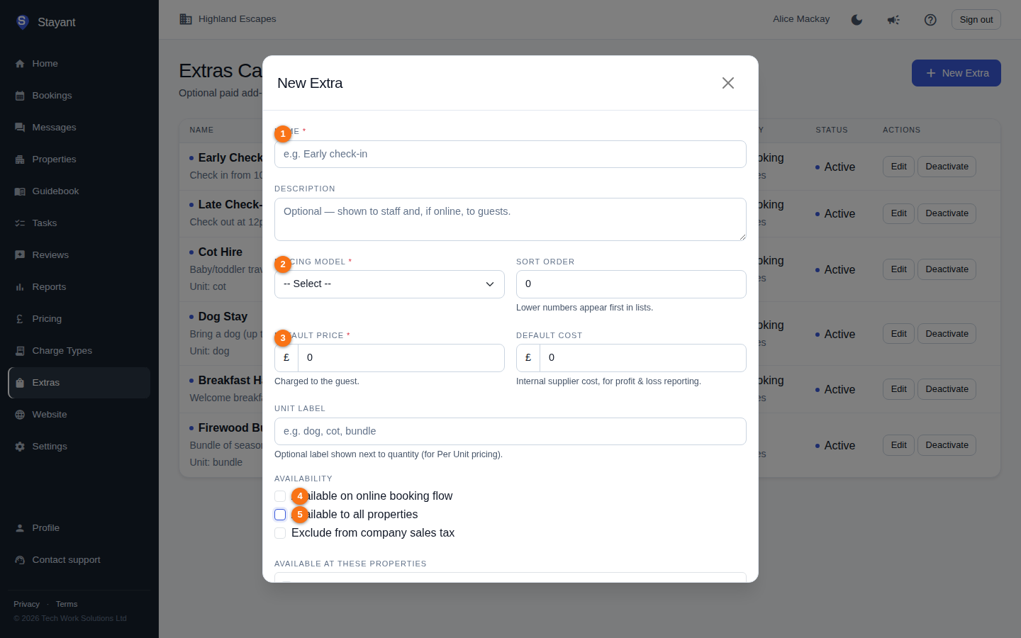 The New Extra dialog showing the Name, Pricing Model, Default Price, and online-availability fields