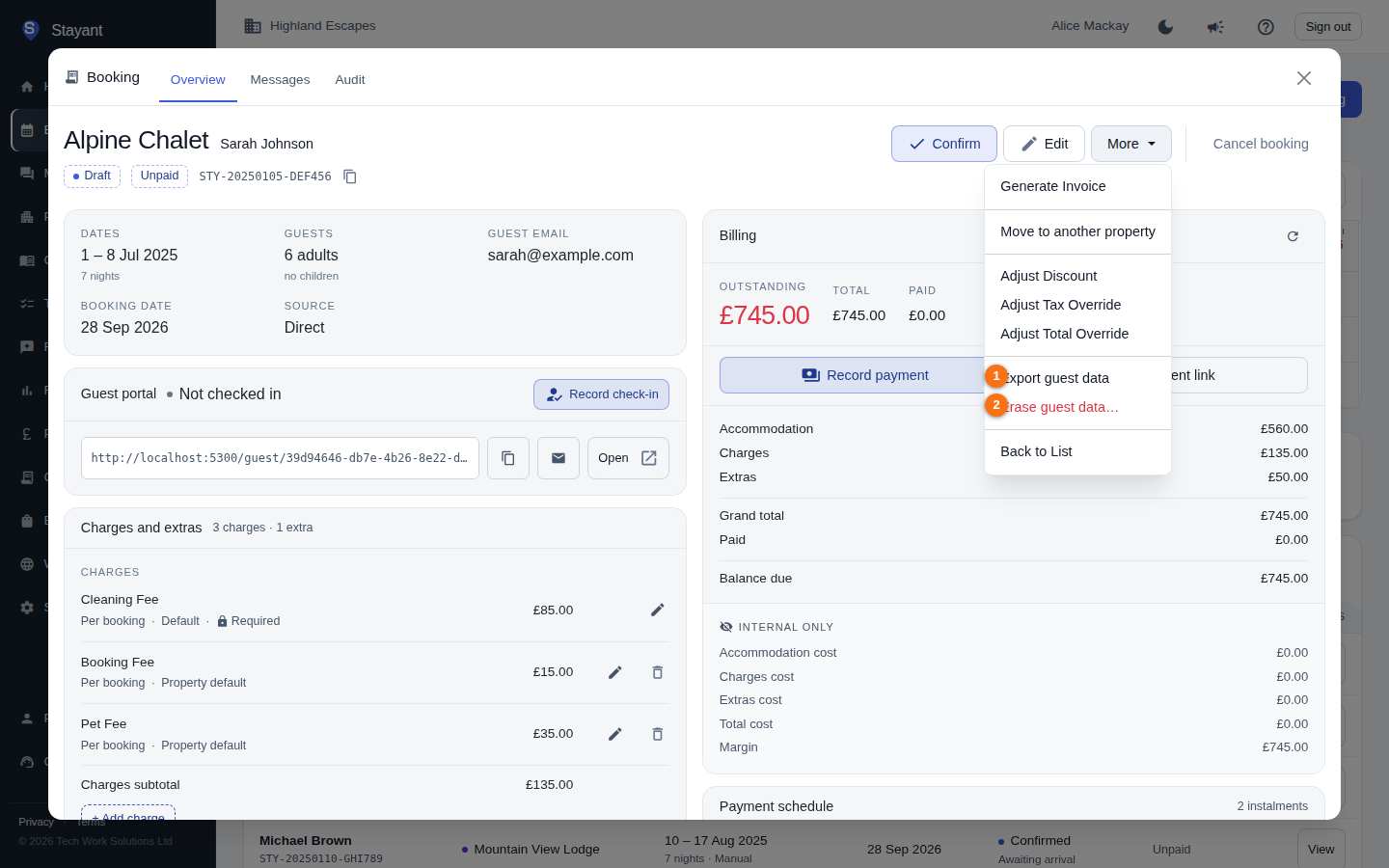 The More menu on a booking, showing Export guest data and Erase guest data