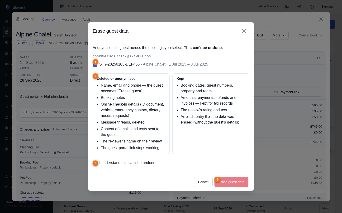 The Erase guest data dialog listing the guest's bookings, what is erased and what is kept