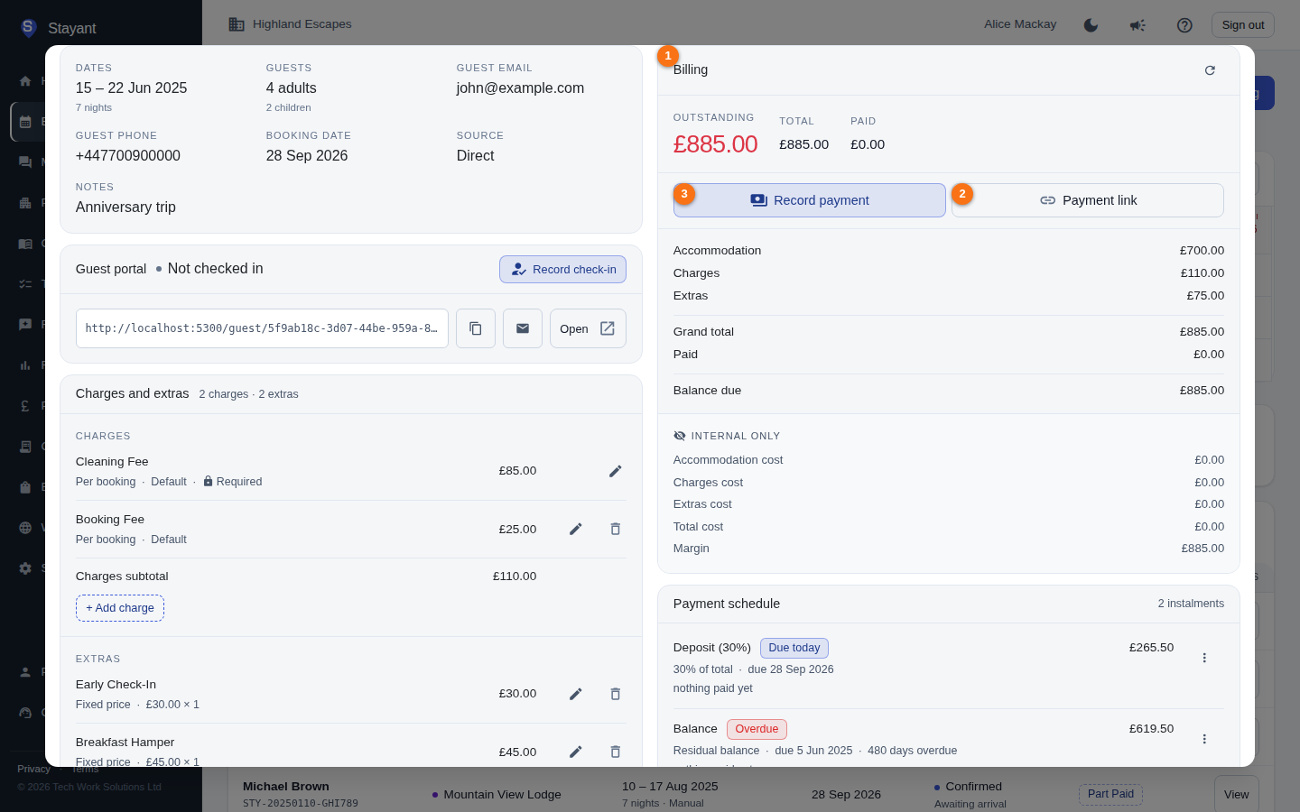 Manager view: the Billing card of the booking detail panel, with the Payment link and Record payment buttons highlighted