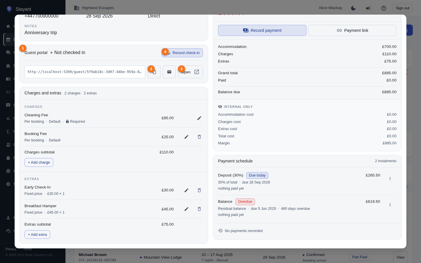 Manager view: the Guest portal card in the booking detail panel, with the Open, Copy link, and Record check-in buttons highlighted