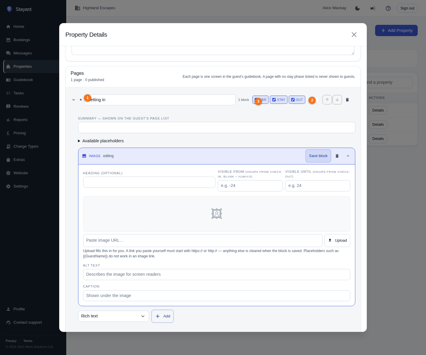 An expanded guidebook page, showing its name, its own Published switch, the three stay-phase tick-boxes, the Summary field, and two content blocks — an Access code block and a Rich text block with its formatting toolbar