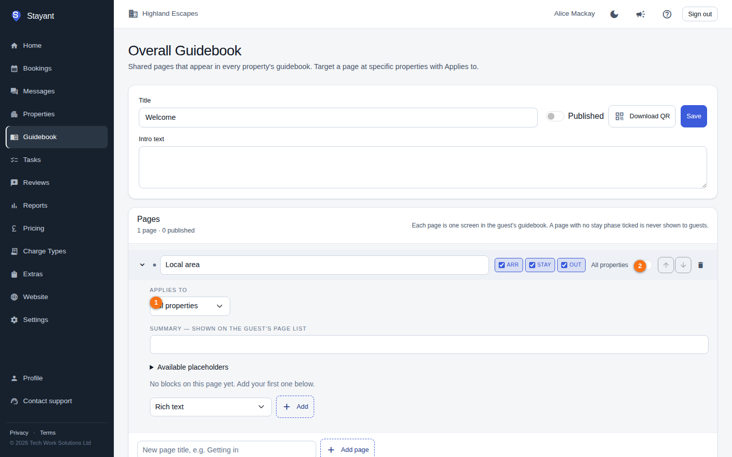 The Overall Guidebook page, with the Applies to dropdown on a shared page and that page's Published switch highlighted