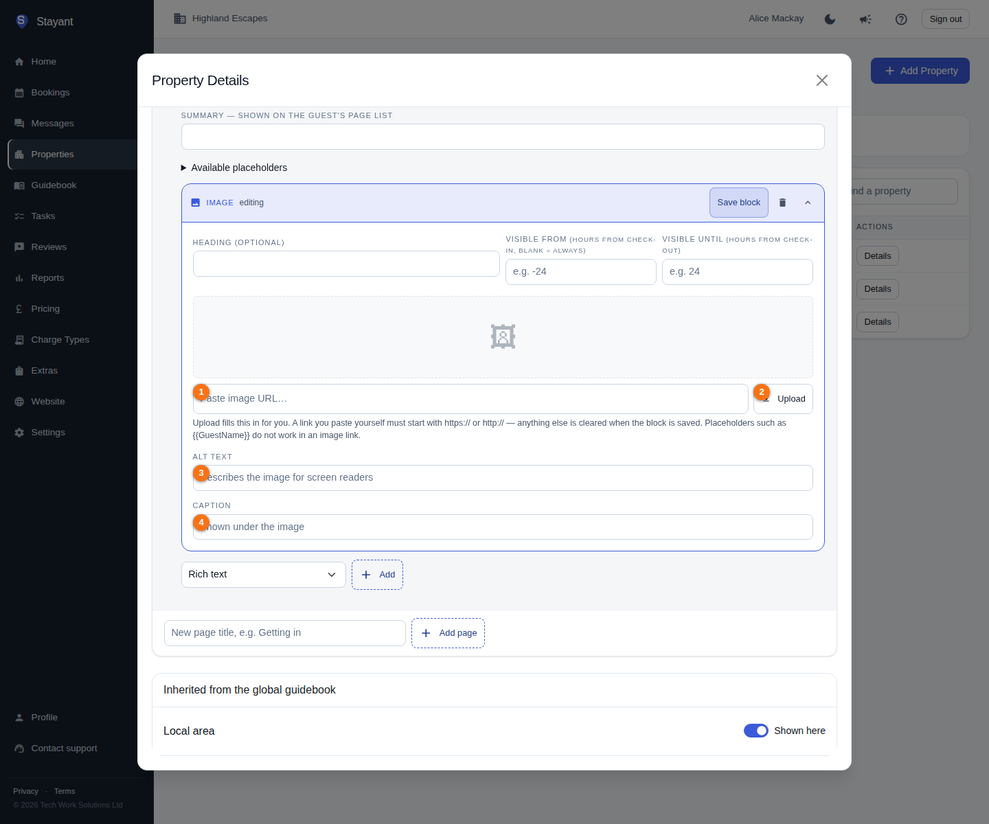 An Image block in the guidebook editor, with the paste-a-URL box, the Upload button, the Alt text field and the Caption field highlighted