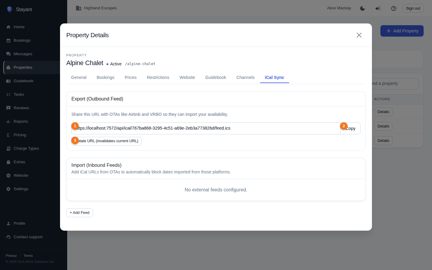 The Export (Outbound Feed) card, showing the read-only feed URL, the Copy button, and the Rotate URL button