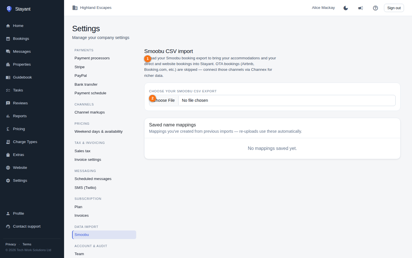 The Smoobu CSV import screen, with the import explainer and the file-picker control highlighted