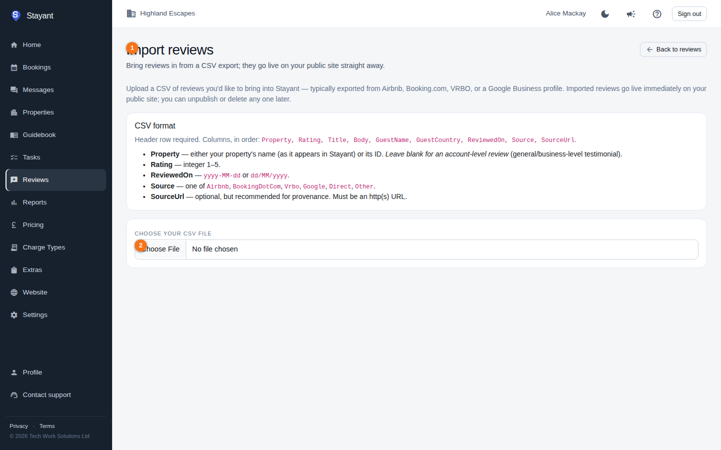 The Import reviews page, with the page heading and the Choose your CSV file control