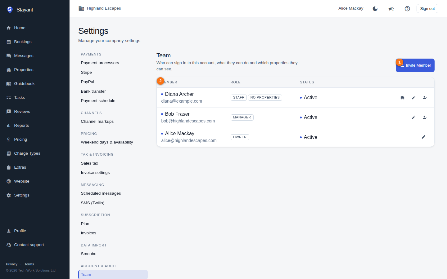 The Team settings page with the Invite Member button and members table highlighted