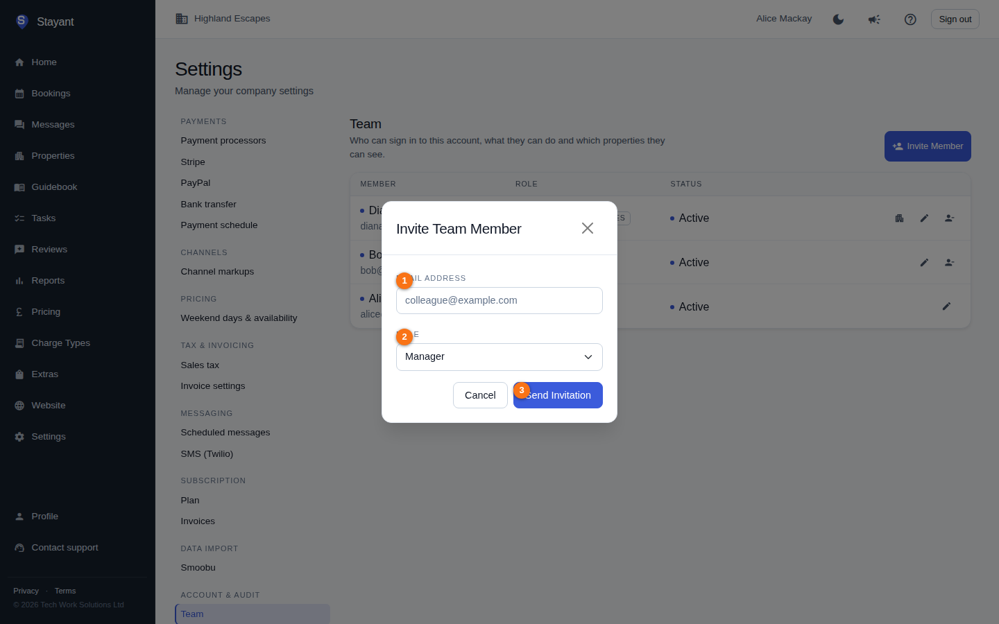 The Invite Team Member dialog with the email, role, and send fields highlighted