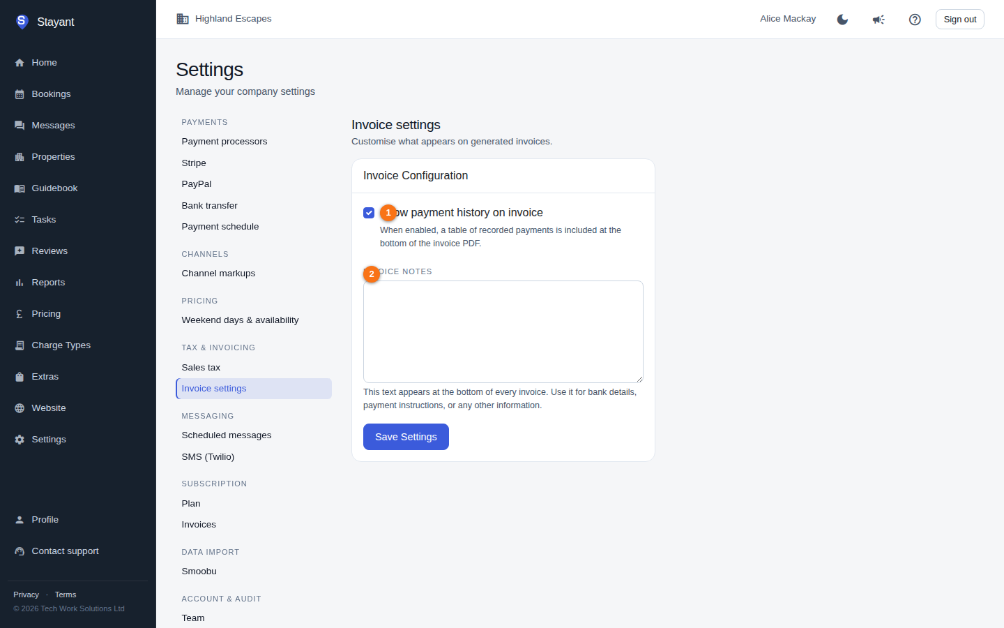The Invoice settings tab, with the payment-history toggle, the Invoice Notes field, and the live Preview highlighted