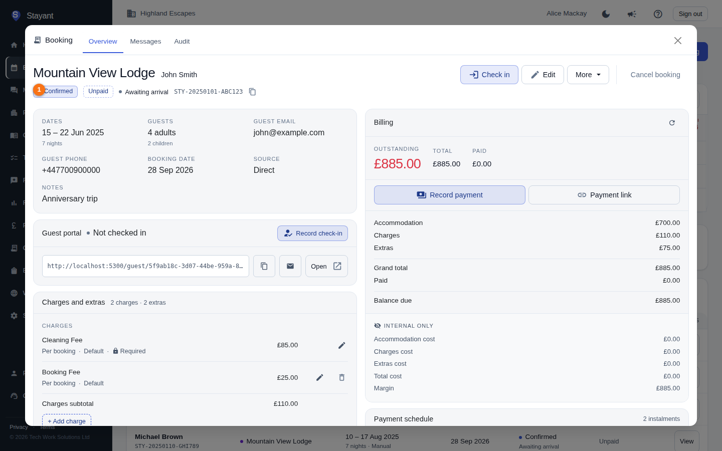 A booking's Overview tab with the status and payment badges and the header action buttons