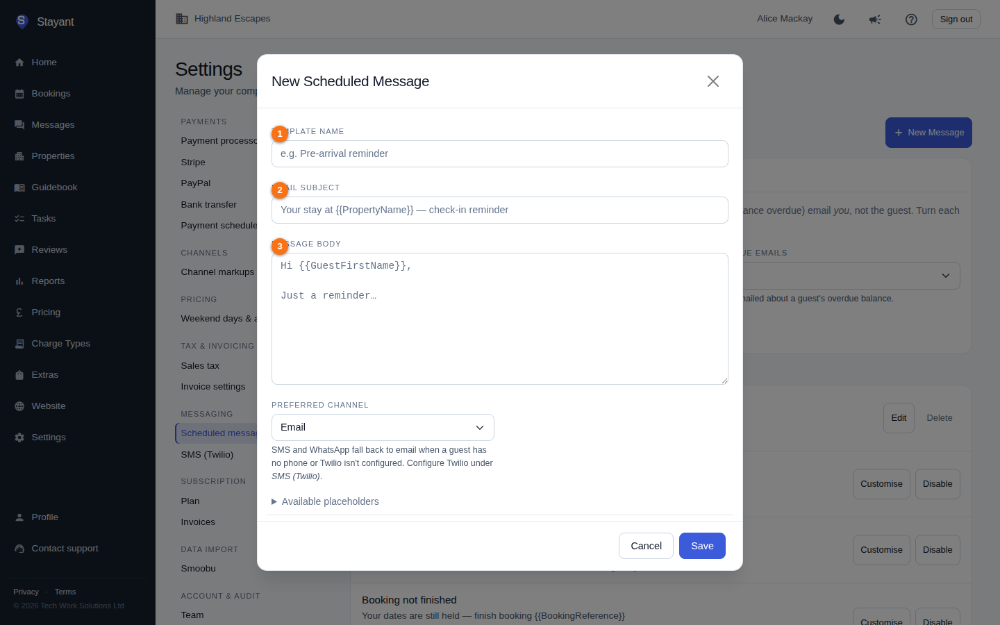 The message template editor dialog, with the Template Name, Email Subject, and Message Body fields annotated