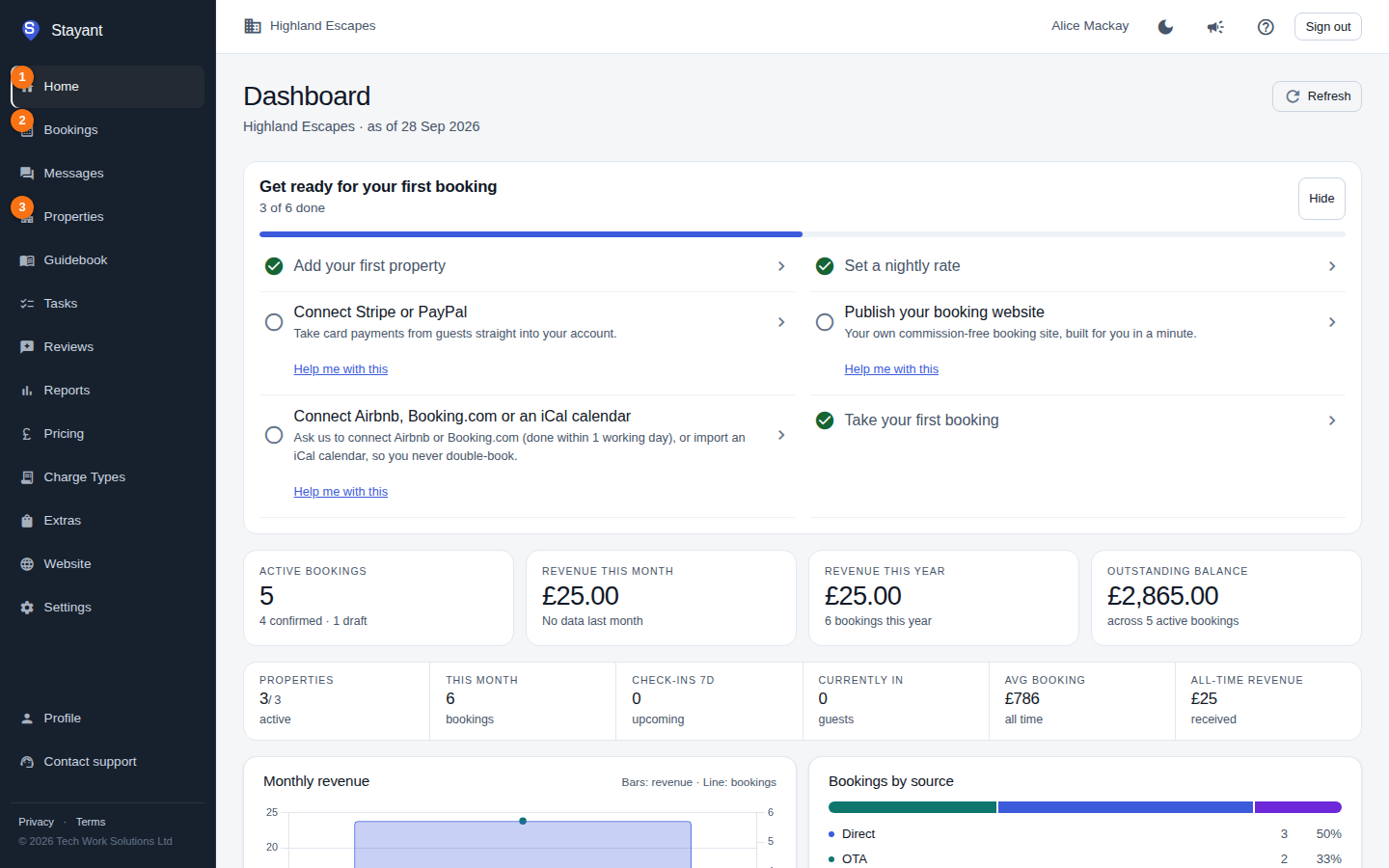 The Stayant sidebar with its top sections highlighted