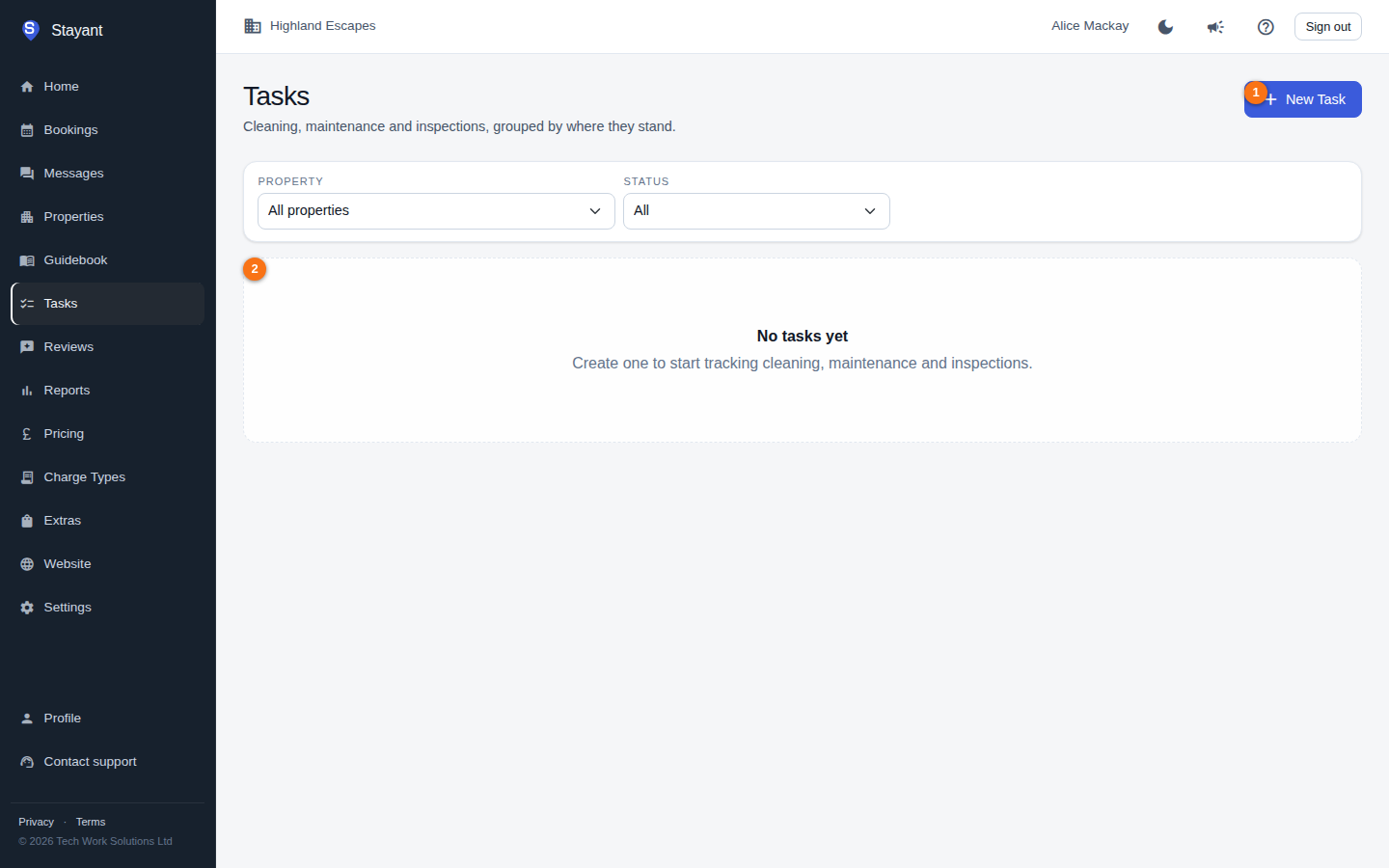 The Tasks board with the New Task button and tasks grouped by status
