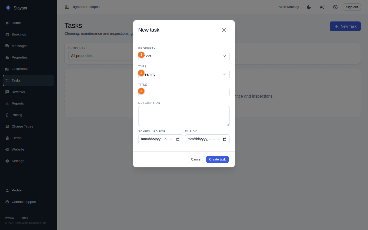 The New Task dialog showing the Property, Type, and Title fields