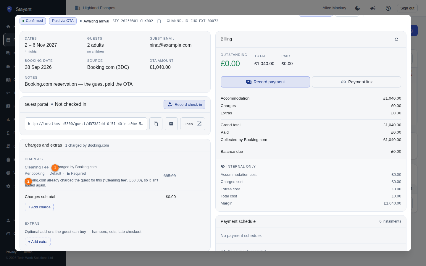 Booking detail showing a Cleaning Fee line marked "Charged by Booking.com" with a note giving Booking.com's own fee name and amount