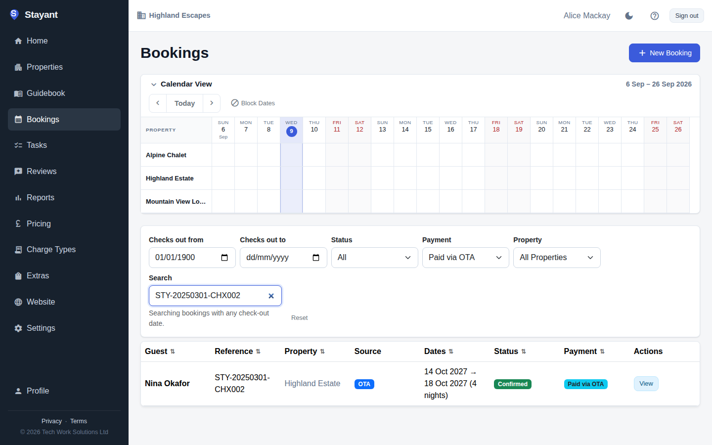 Bookings list filtered to Paid via OTA, showing the badge on a booking row and the matching filter option
