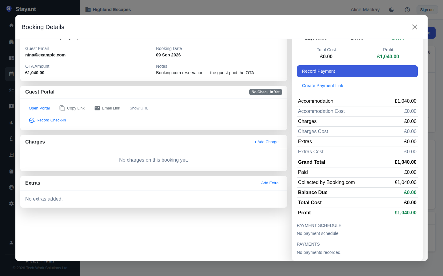 Booking detail panel showing the Collected by Booking.com line and a zero balance due