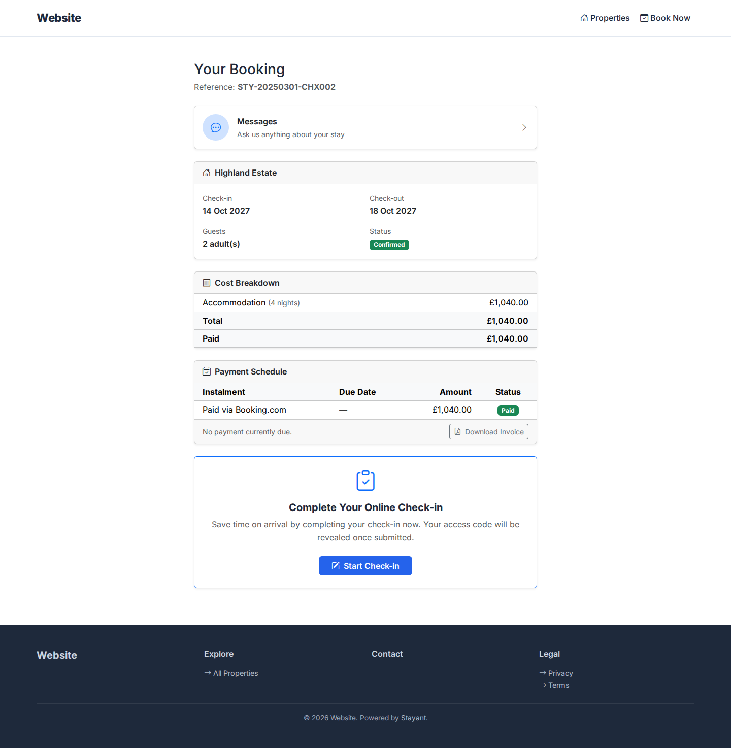Guest portal showing the Paid via Booking.com row instead of Deposit/Balance rows