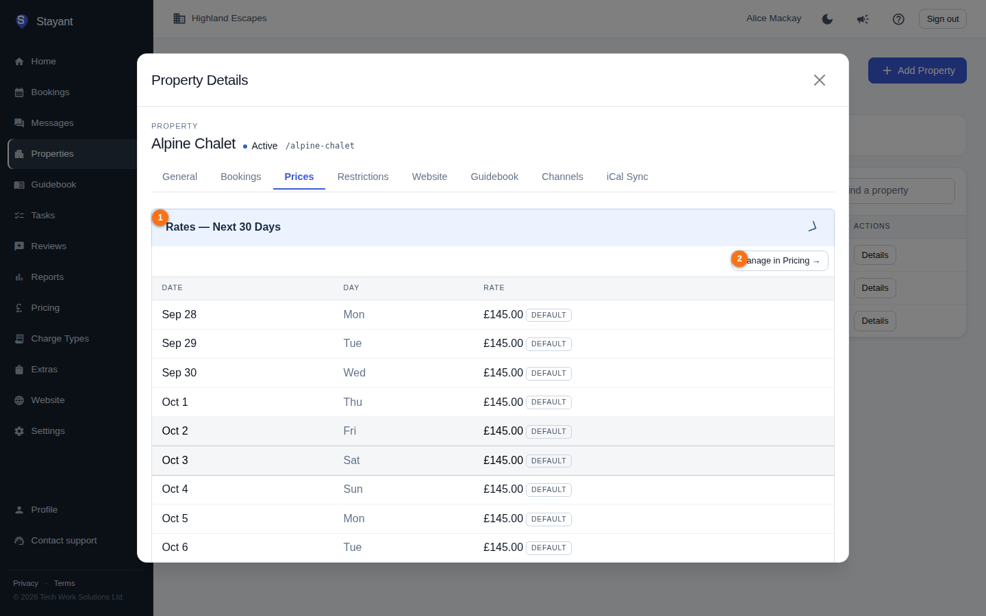 The Rates section of a property's Prices tab with the section header and Manage in Pricing link highlighted