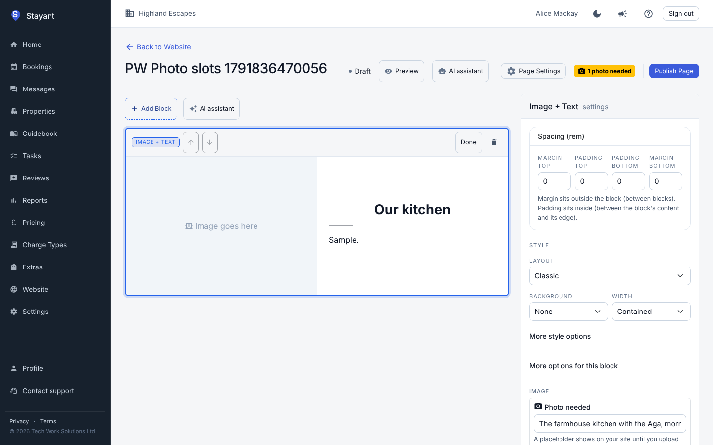 The editor: "1 photo needed" next to Publish Page, and the note above the image upload
