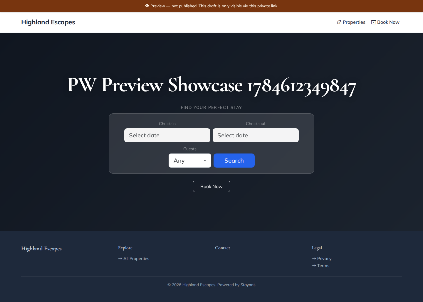 The rendered draft preview — the "Preview — not published" banner sits above the site, with the page's actual content and theme rendered below