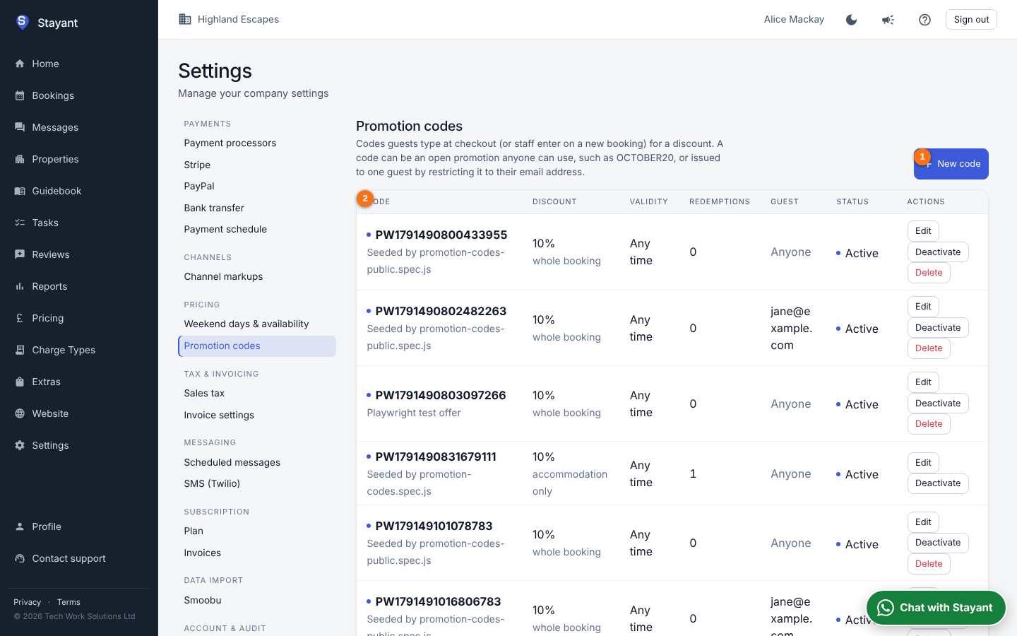 The Promotion codes settings page with the New code button and the list of codes