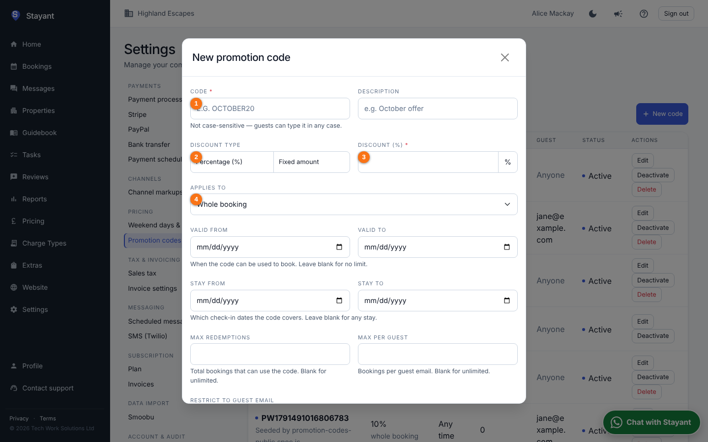 The New promotion code dialog showing the Code, Discount type, Value and Applies-to fields