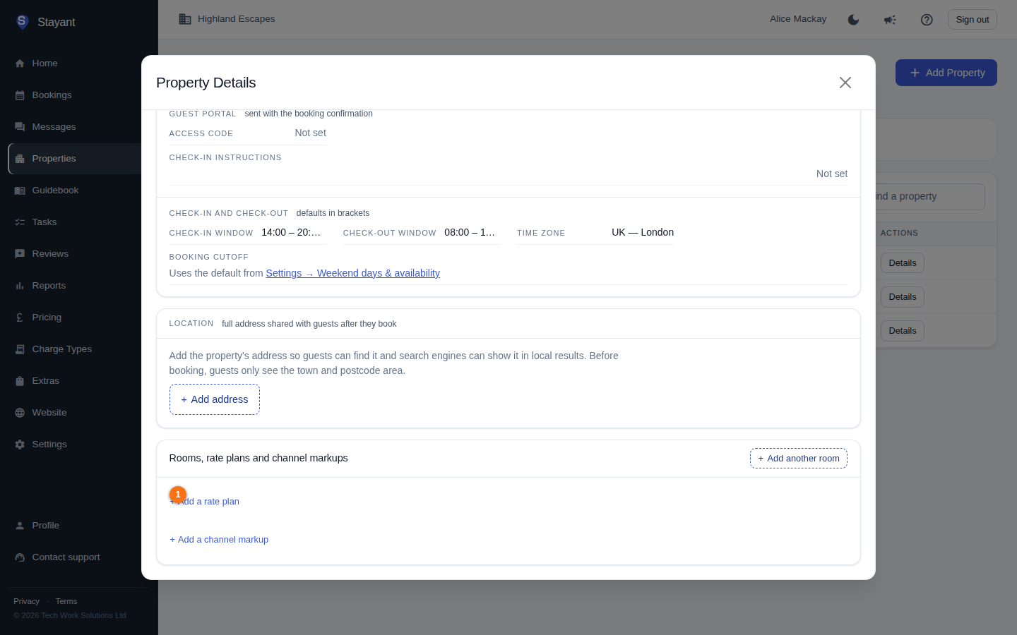 A single-room property's General tab with the Add a rate plan link highlighted