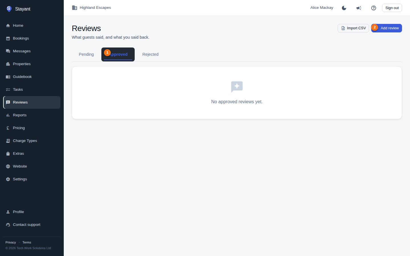 The Reviews page on the Approved tab, with the Add review button