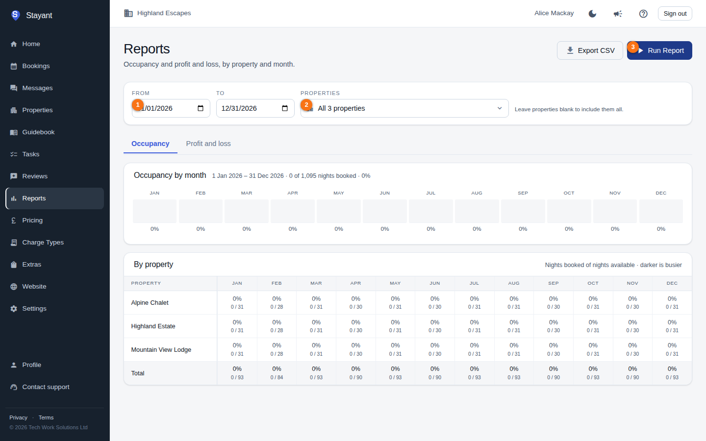 The Reports page filter card with date range, property filter, and Run Report button