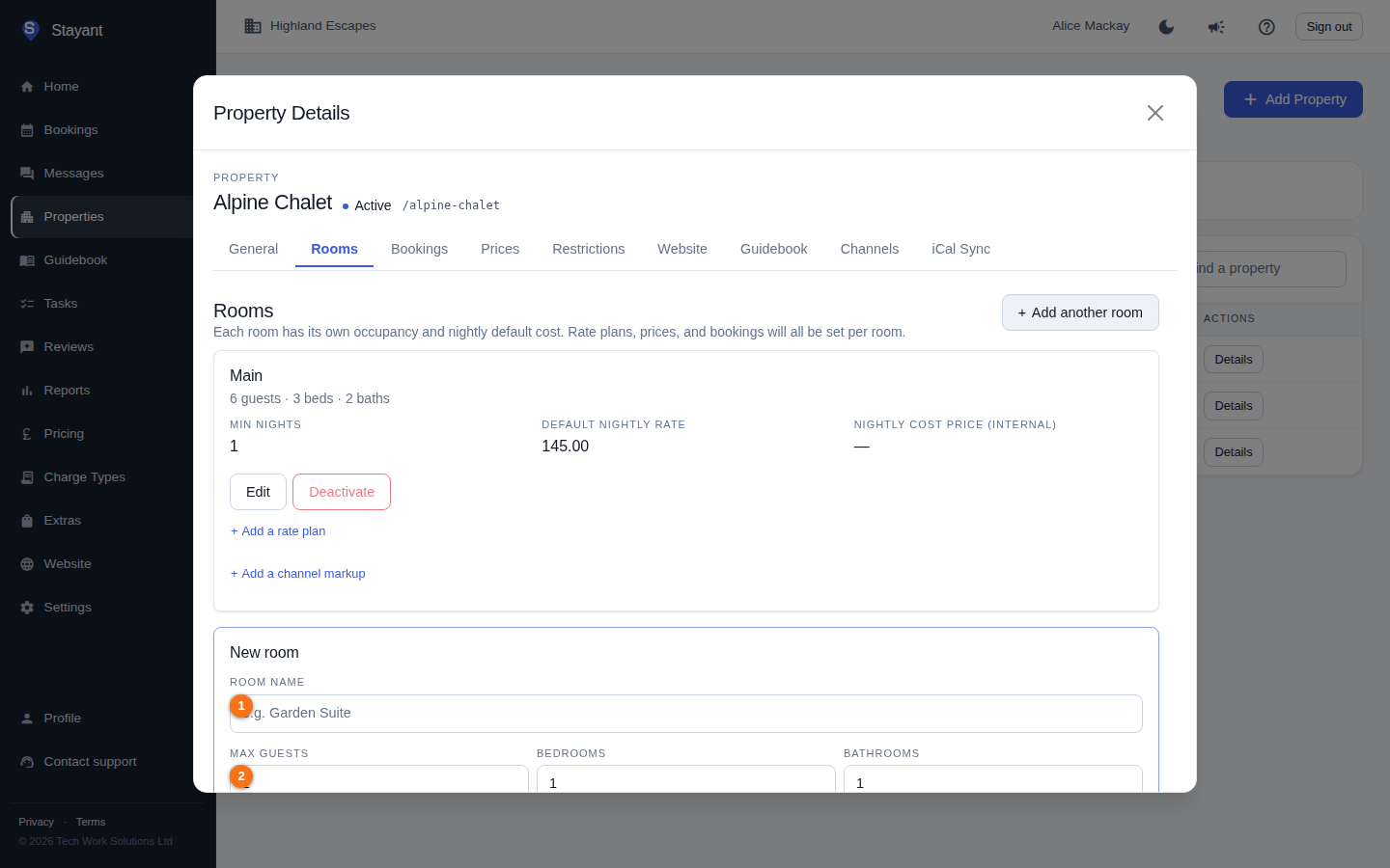 The new-room form showing the Room name and Max guests fields
