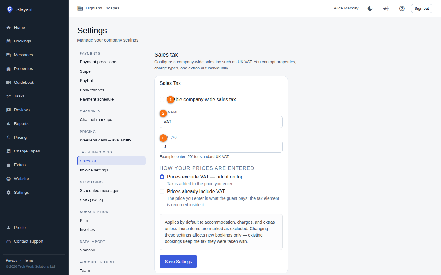 The Sales tax settings tab, with the Enable toggle, Tax Name, and Rate (%) field highlighted