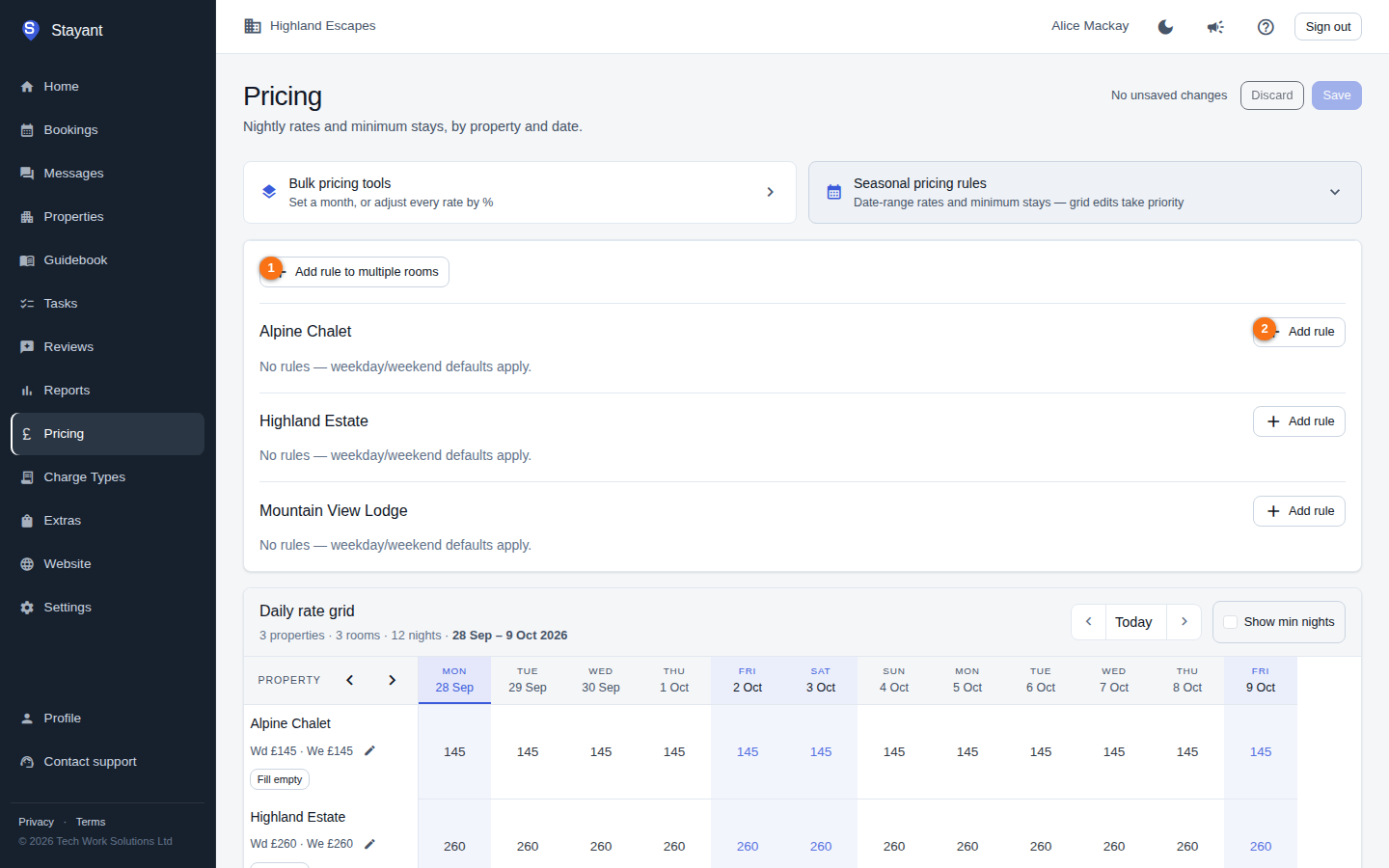 The expanded Seasonal pricing rules section with the multi-room and per-room add buttons highlighted