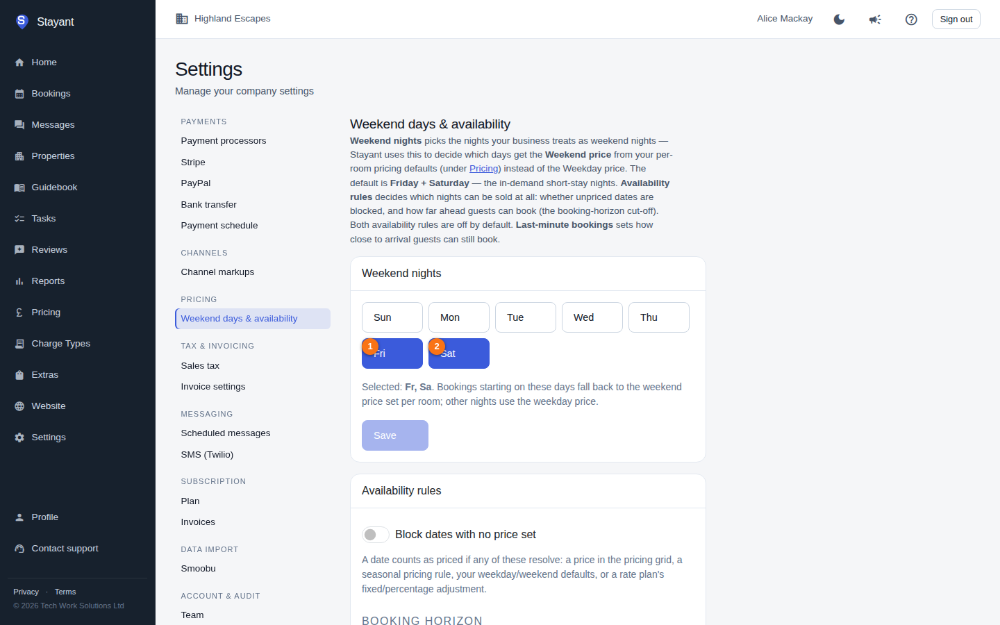 The Weekend nights card under Settings → Weekend days & availability, with the Fri and Sat toggles highlighted