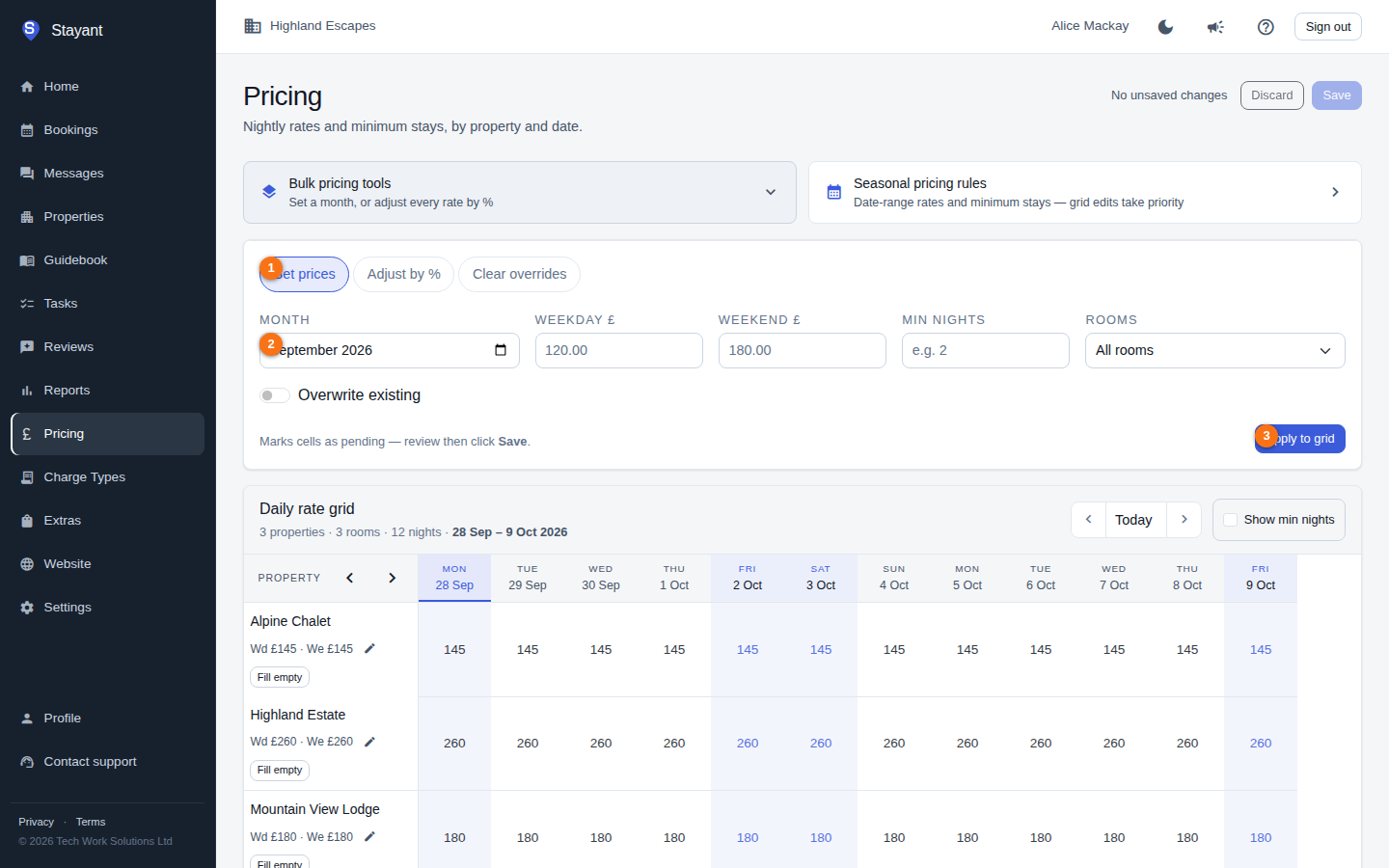The Bulk pricing tools panel with its mode tabs, Month field, and Apply to grid button highlighted