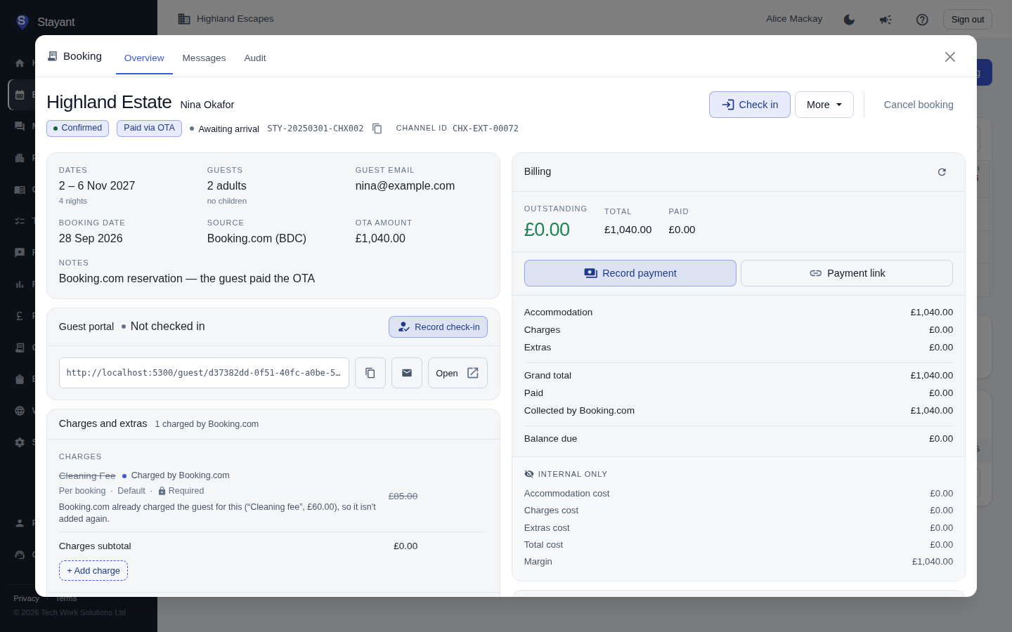 A booking open in its dialog, with the Bookings list visible behind it