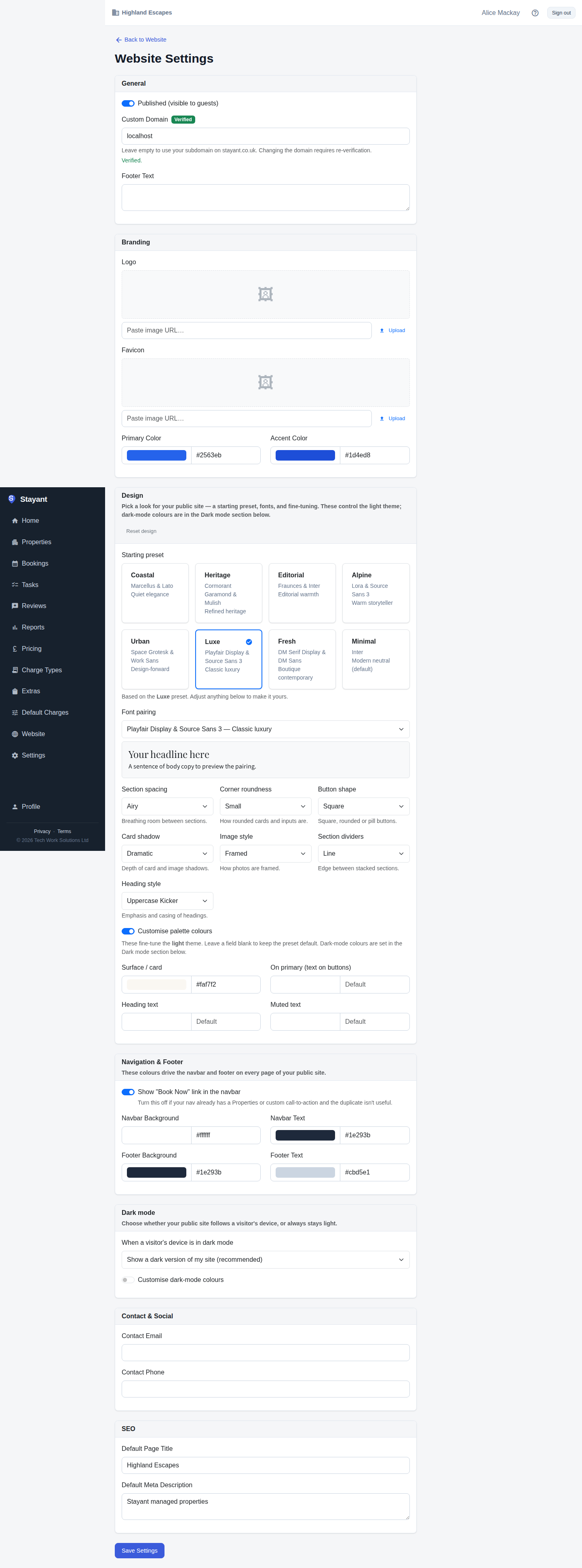 The Design card on Website Settings — preset gallery, font pairing with a live sample, and the design token selects