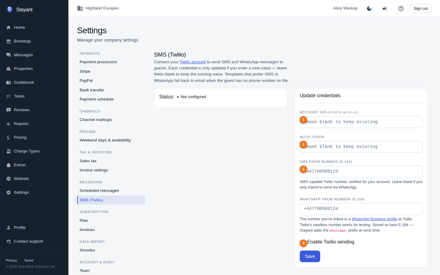 The Settings SMS (Twilio) Update credentials card, with the Account SID, Auth Token, SMS from number fields and the Enable Twilio sending toggle annotated