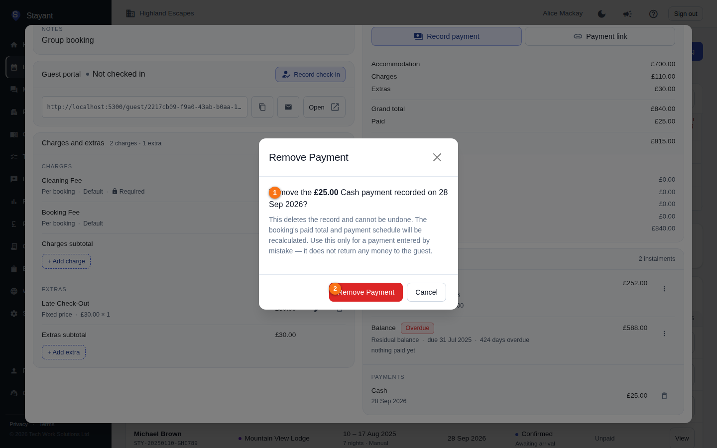 The Remove Payment confirmation dialog