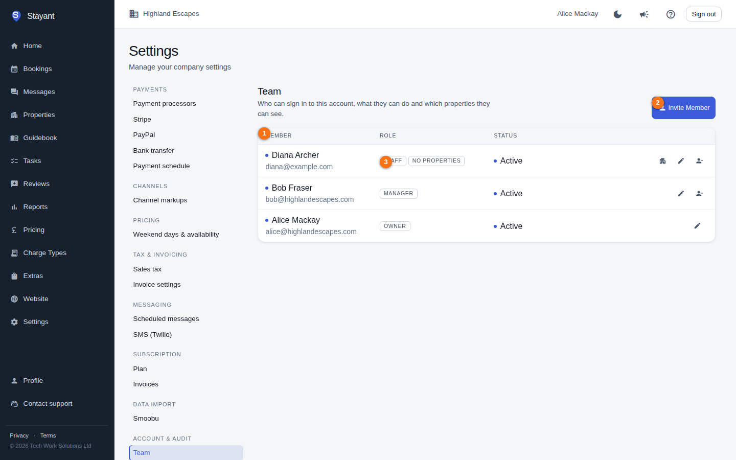 The Team list with the members table, Invite Member button, and a role badge annotated