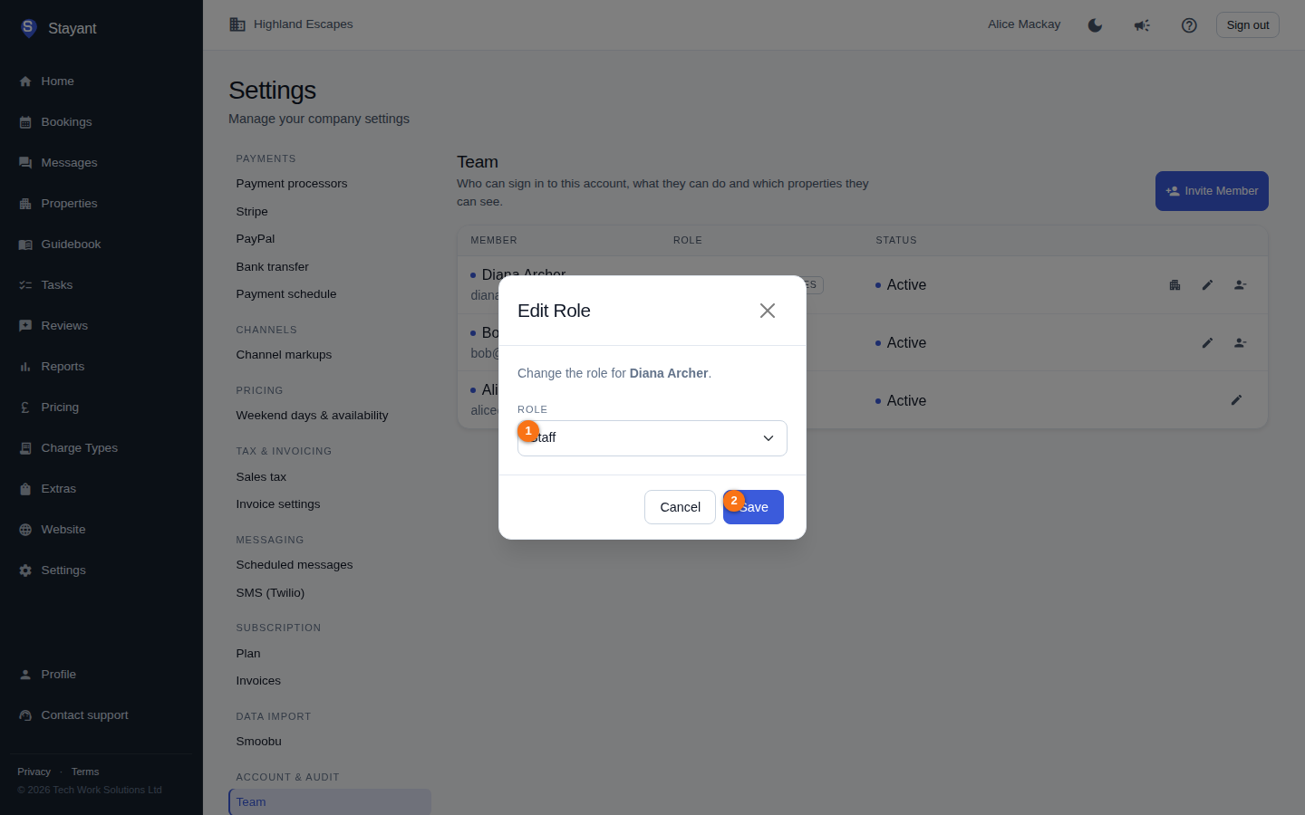 The Edit Role dialog with the role dropdown and Save button annotated