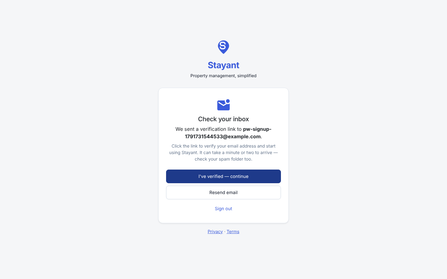 The "Check your inbox" screen shown after signing up
