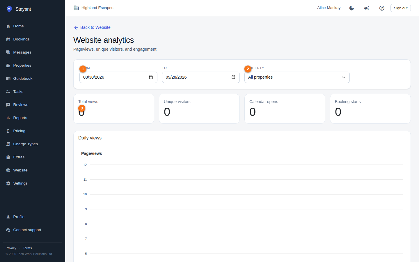 The Website analytics filters with the From / To date range and the Property selector