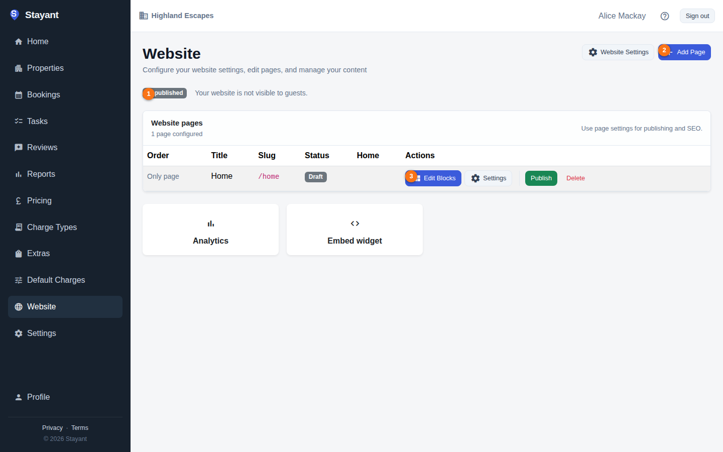 The Website hub showing the publish status, the Add Page button, and a page row's Edit Blocks link