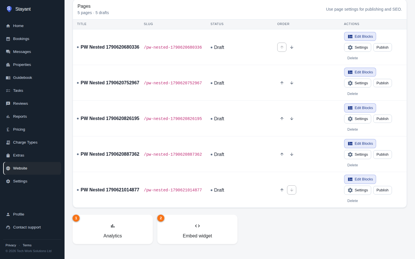 The Analytics and Embed widget quick-link cards at the bottom of the Website hub
