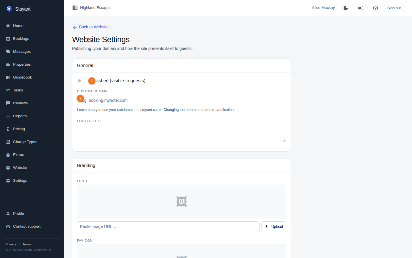 The Website Settings General card with the Published switch and the Custom Domain field