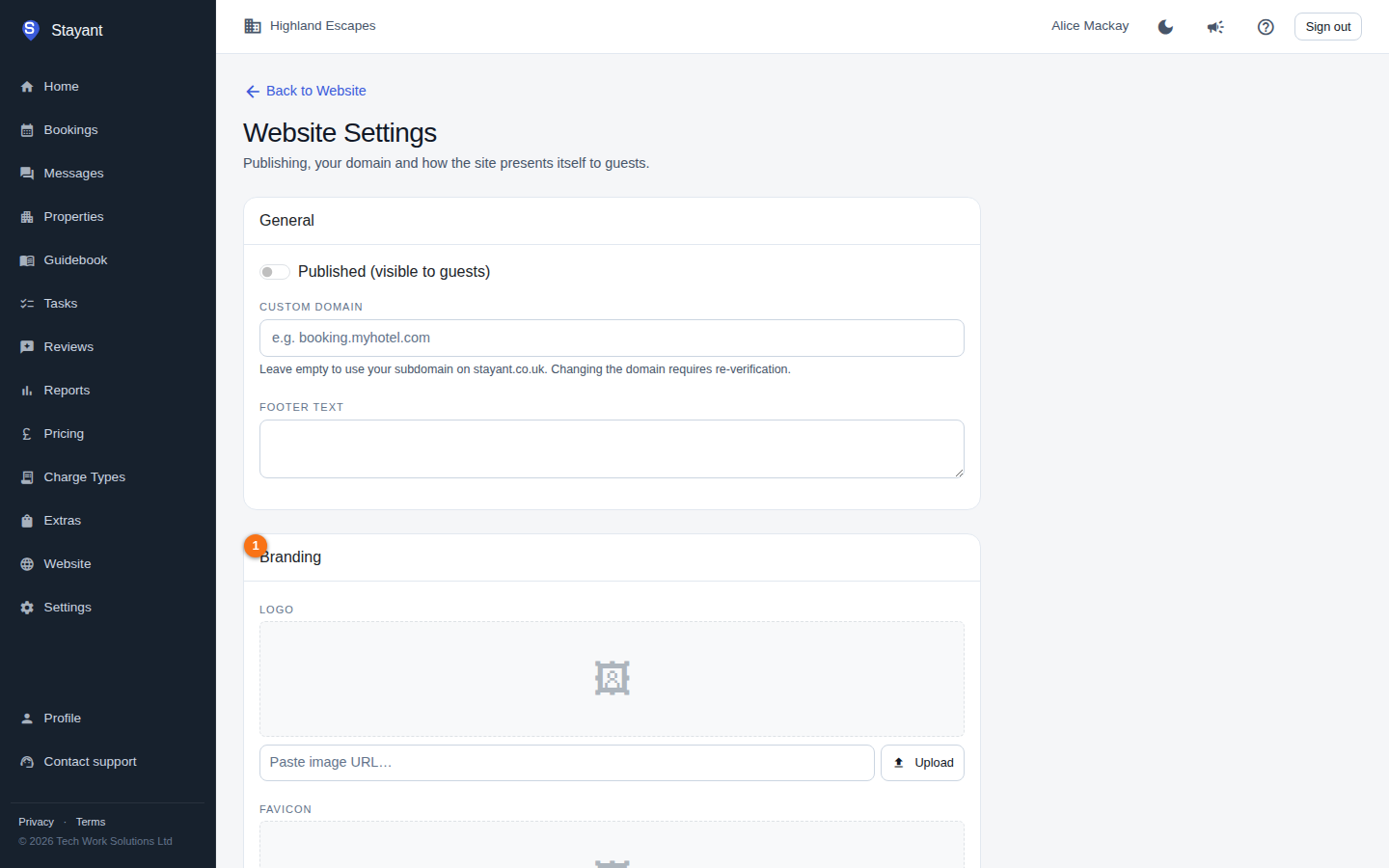 The Branding and Navigation & Footer setting cards further down the page