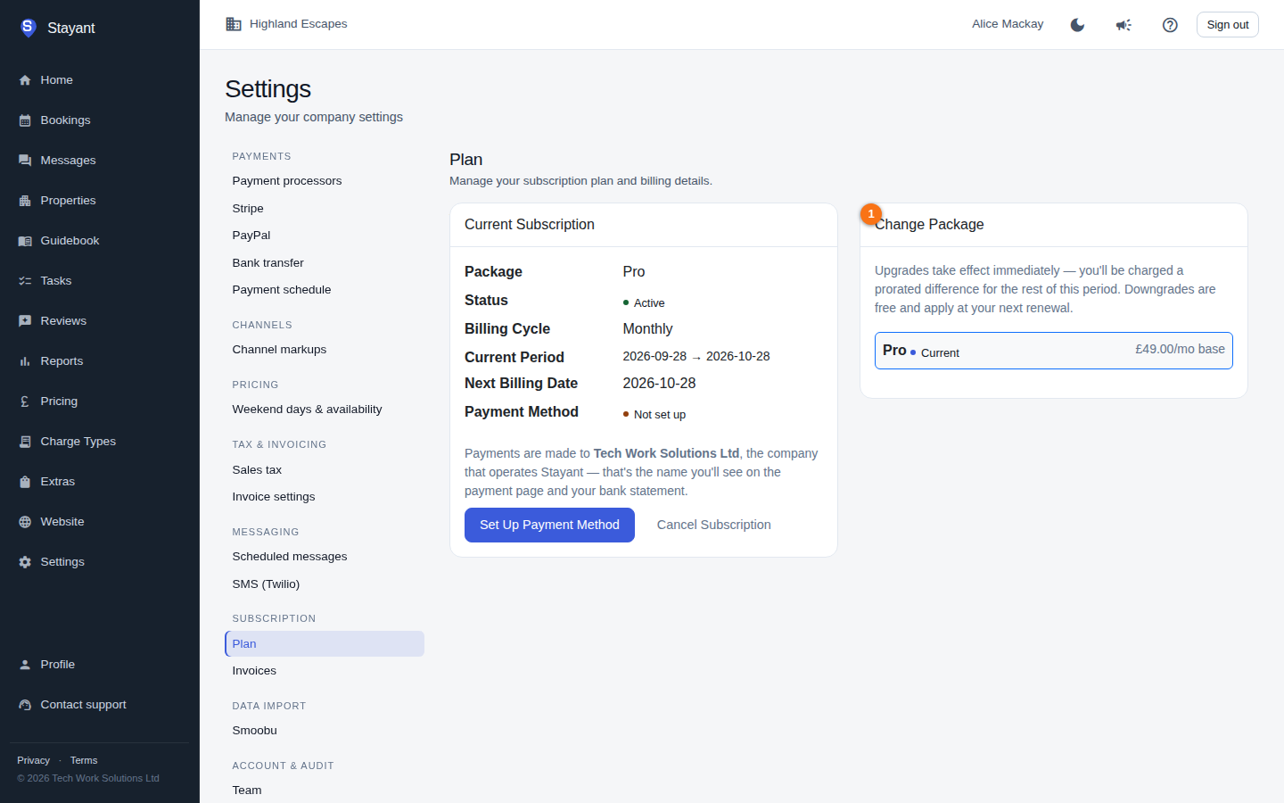 The Subscription page's Change Package card listing the packages you can switch to