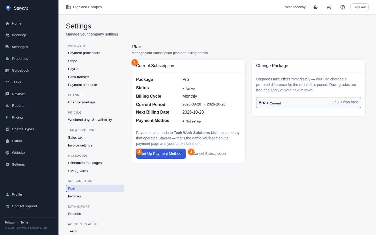 The Current Subscription card, with the Payment Method and Cancel Subscription buttons highlighted